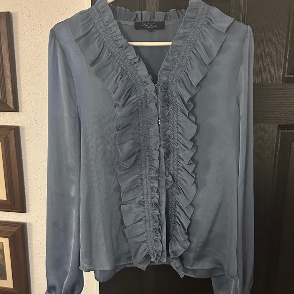 Rachel Dusty Blue Ruffled V-Neck Long Sleeve Blouse